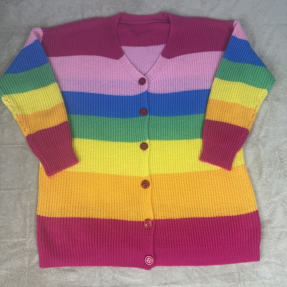 Unbranded Cardigan Sweater Womens‎ XL Rainbow Striped Good Chunky Knit V-Neck